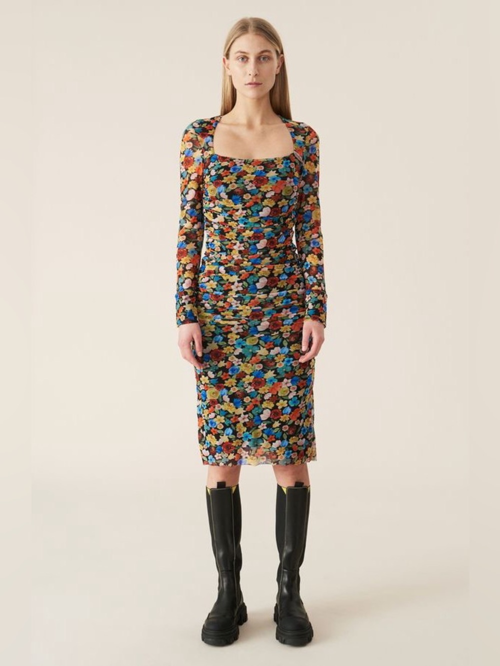 Ganni Floral Printed Mesh Ruched Square Neck Midi Dress